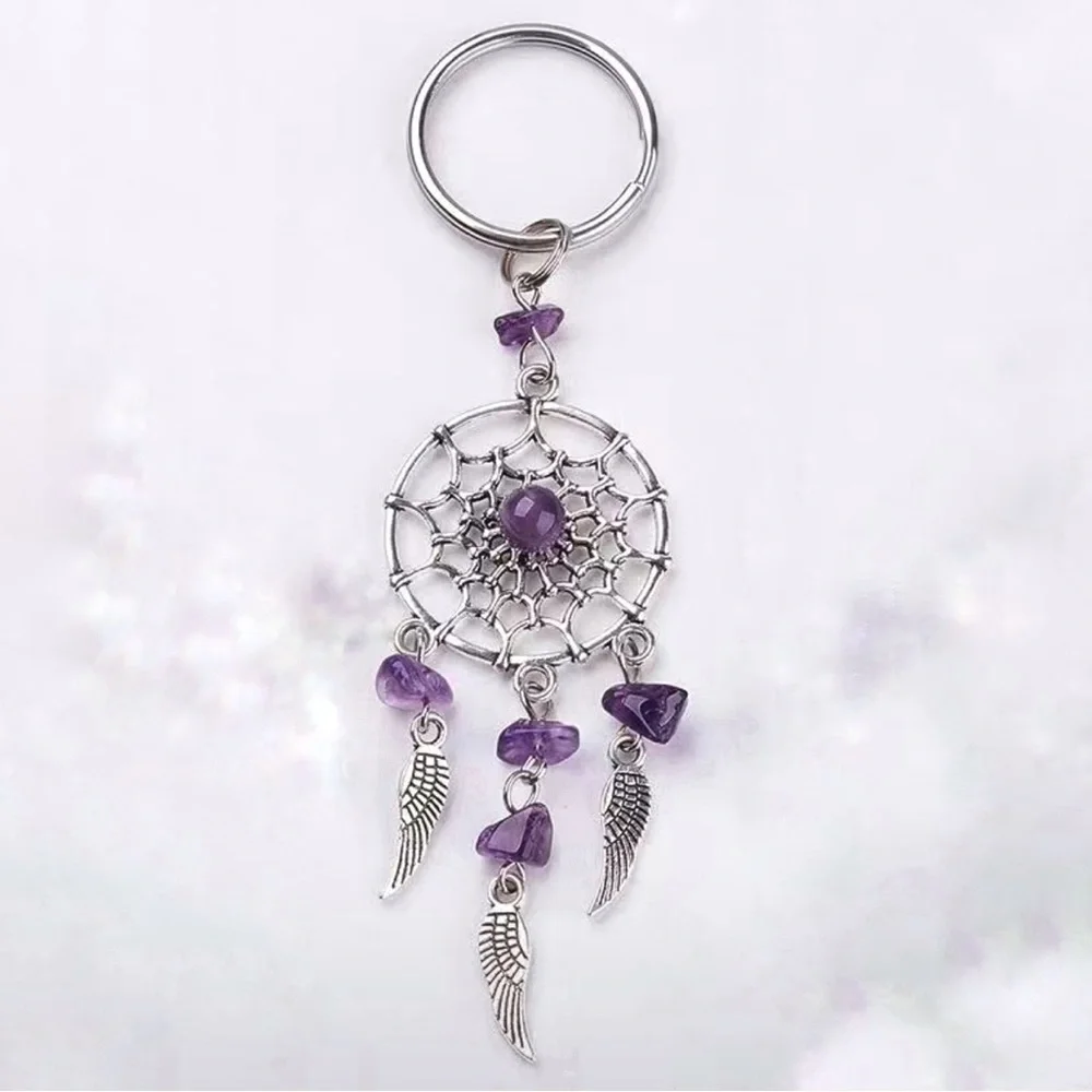 Dream Catcher Native American Keychain Silver Amethyst Purple